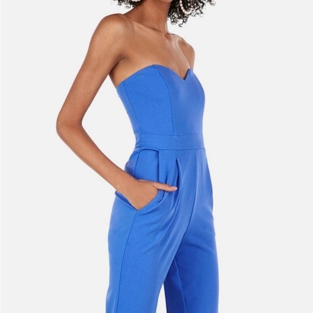 Express Blue Strapless Jumpsuit with Sweetheart Neckline